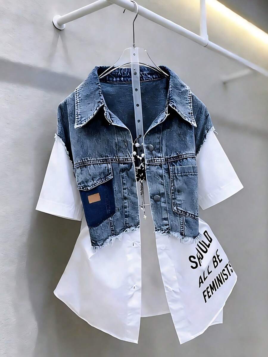 Casual Letter Plain Button Front Pocket Short Sleeve Blouse For Daily Wear - 白色 - 查看 1
