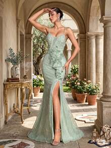Mint Green Sequin Mermaid Evening Gown: 3D Floral Ruffle Hem Luxury Prom Dress 2026, Sexy High Slit Sparkling Formal Evening Gown Suitable For 15 Years Old Celebration, 16th Birthday, Spring Garden Wedding Guest, And Celebrity Style Gala Party - Mint Green - View 10