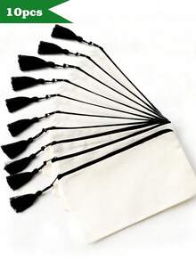 5/10/20个装帆布拉链流苏化妆包，旅行化妆包，洗漱用品收纳包，铅笔盒，适合度假、海滩、浴室、卧室使用，大容量 - 米色 - 查看 11