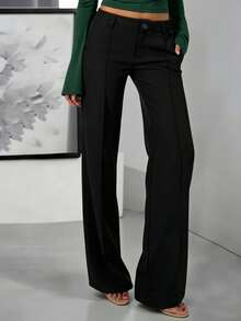 Women's Fashionable Elegant Solid Color Wide Leg Pants, With Zipper, Pockets, And Elastic Waistband, Suitable For Office, Commuting, And Casual Wear - Black - View 2