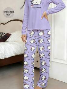 SANRIO 1pc Hello Kitty Printed One-Piece Pajama Pants, Cute Y2K Style Sleepwear For Women, Autumn/Winter - Mauve Purple - View 5
