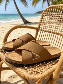 Men's Sandals Criss-Cross Slippers, Slip-On Soft Cork Casual Slides, Suitable For Summer, Office, Outdoor, Beach, Vacation. Non-Slip, Breathable, Durable Thick-Sole Beach Sandals - Khaki - View 5