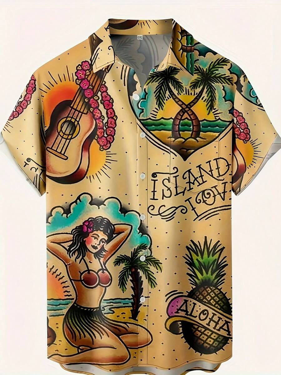 Hawaiian Sunset And Tropical Island Pattern Symbolizing Carefree Beach Life With Guitar Palm Trees And Pineapple Aloha Spirit 3D Printed Men's Shirt - White - View 1