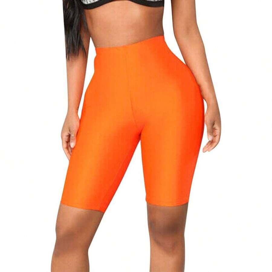 Womens Bike Yoga Shorts Elastic High Waist Shorts Fashion Leggings Sports Casual Pants Gym Elastic Workout Shorts - 橘色 - 查看 1