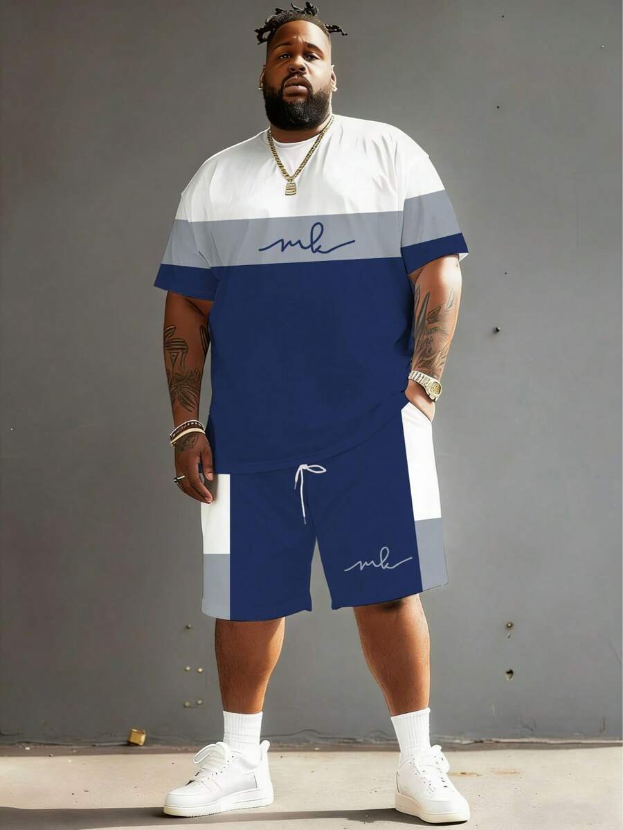 Men's Minimalist Letter & Color Block Pattern Sports Set - Made Of Polyester Knit Fabric, Round Neck Design, Drawstring Shorts, Pocket Details, Regular Fit, Suitable For Plus Size - Navy Blue - View 1