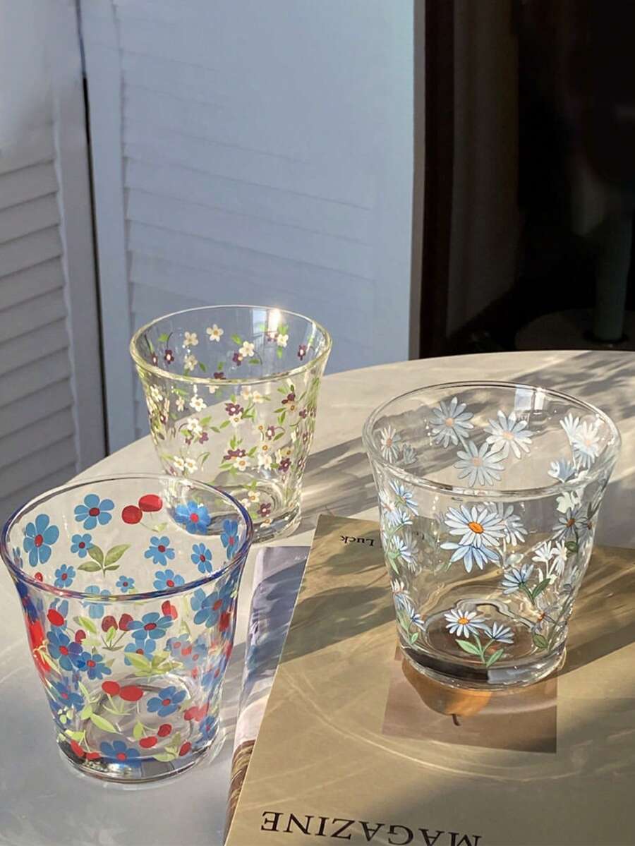 1个小众ins风雏菊玻璃杯,手绘复古浪漫小花咖啡杯/牛奶杯,适用于咖啡、茶、牛奶、饮料、果汁、冷饮,情人节、毕业典礼、生日、母亲节礼物 - 彩色 - 查看 1
