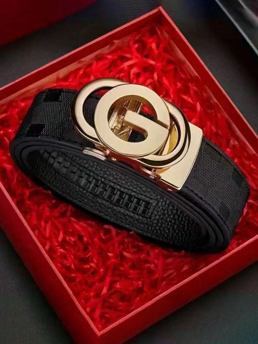 1pc Men's High-Quality Leather Belt With Letter Buckle, Embossed Plaid Pattern, Versatile For Business And Casual Wear, Fashionable And - Multicolor - View 1