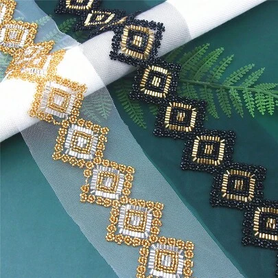 Dây ren thêu hoa hình vuông đính cườm vàng/đen, dài 1 thước, dùng để trang trí váy cưới, mũ, túi xách, phụ kiện thủ công tự làm.