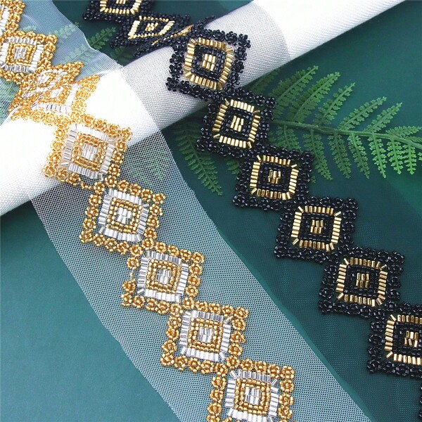 Dây ren thêu hoa hình vuông đính cườm vàng/đen, dài 1 thước, dùng để trang trí váy cưới, mũ, túi xách, phụ kiện thủ công tự làm.