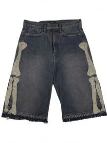 Men's Gothic Skeleton Bone Embroidered Denim Shorts, Y2K Vintage Washed Distressed Denim Shorts, Distressed Black Baggy Summer Casual Shorts - 黑色 - 查看 2