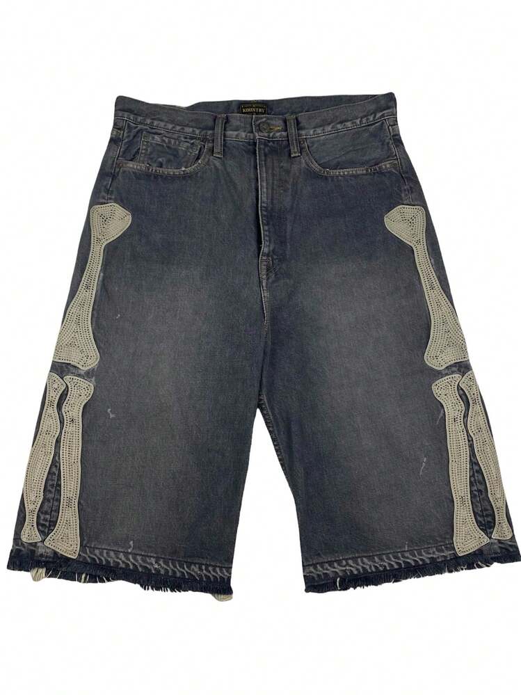 Men's Gothic Skeleton Bone Embroidered Denim Shorts, Y2K Vintage Washed Distressed Denim Shorts, Distressed Black Baggy Summer Casual Shorts - 黑色 - 查看 2