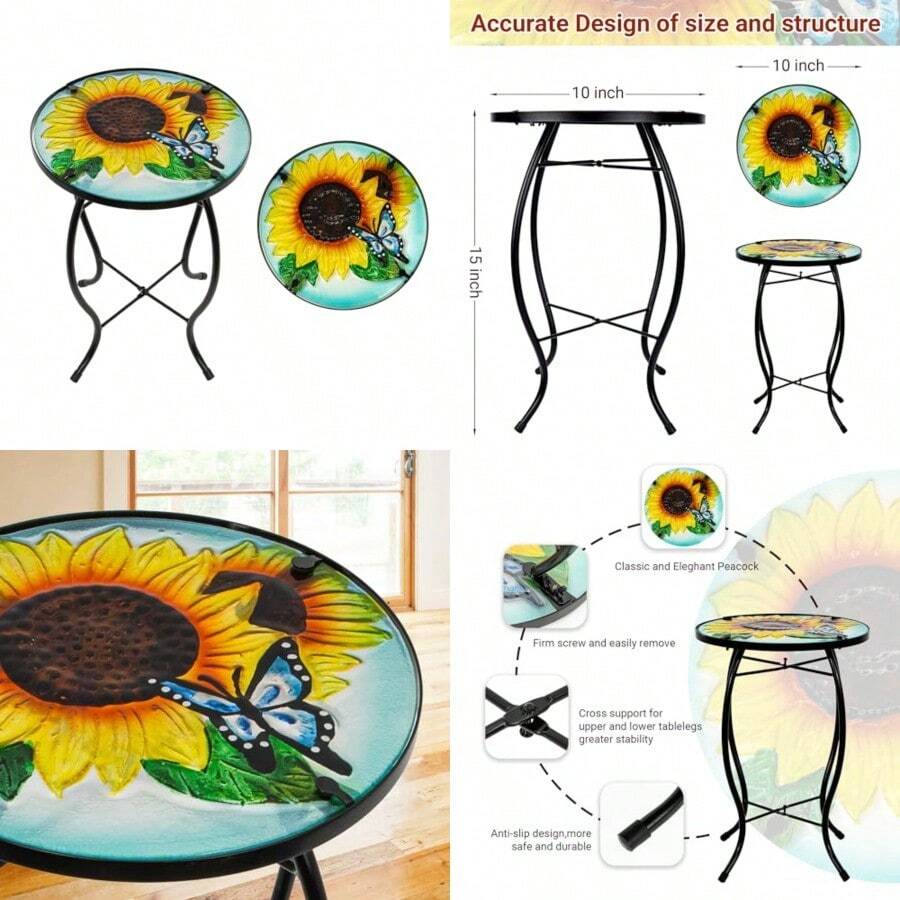 Mesa de jardín pequeña con diseño de girasol mesa auxiliar al aire última intervensión mesas de bar al aire última intervensión mesa auxiliar de vidrio de metal para porche jardín sala - Amarillo - Ver 1