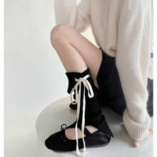 Ballet-Style Sweet Girly Niche Lace-Up Bow-Knot Stacked Knit Solid Color Leg Warmers, Korean Versatile Split Leg Warmers - 黑色 - 查看 12