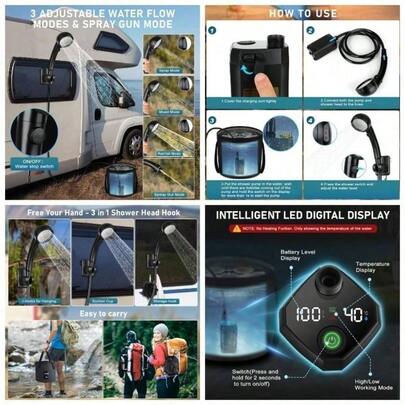 Camping Shower Camping, Rechargeable Camping Shower Pump With Folding Bucket, 6000mAh, IPX7 Waterproof, Display, 4 Spray Modes, Portable Shower Hiking, Travel, Car, Pet