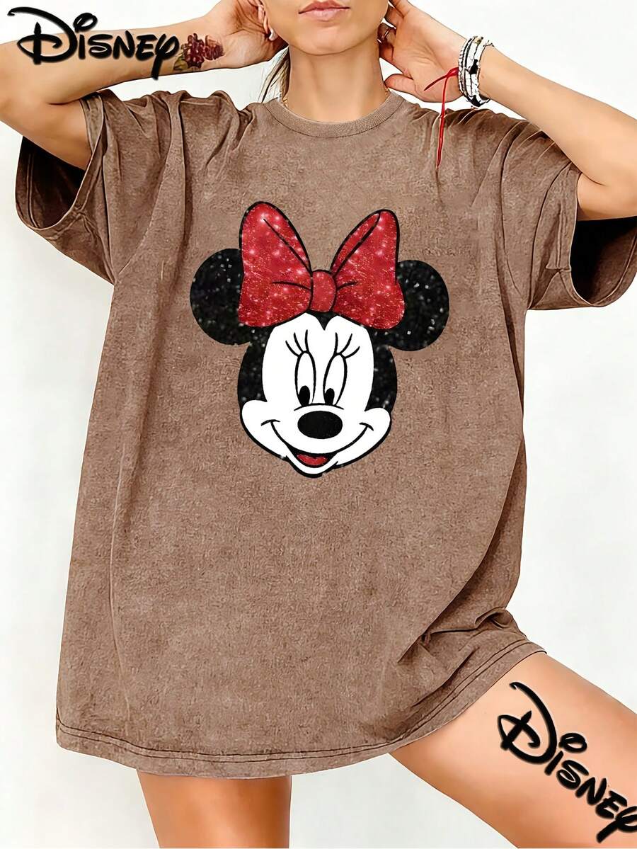 Disney Minnie Daisy Disneyland Sweet Girl Vintage Washed Black Oversized Cotton T-Shirt, Cute Loose Fit Tee For Women, Perfect For Disney Fans, Daily Wear & Gift - Cà phê nâu - Xem 1