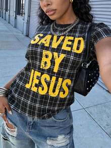 DVSLOE Women's Loose Casual Plaid Short Sleeve T-Shirt, Vintage Letter Print Top, Suitable For All Seasons, Perfect For Daily Commute, Street Wear And Gatherings - Multicolor - View 5