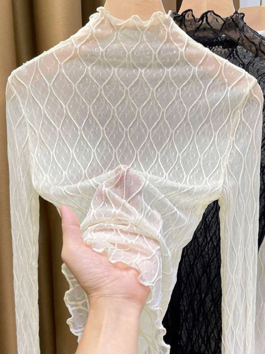 Women's Long Sleeve Thin High Neck Lace Trim Sheer Mesh Top, Spring/Summer Stylish Inner Layer Top - Apricot - View 1
