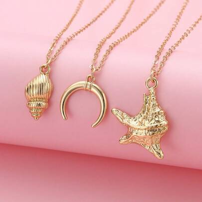Bộ 3 dây chuyền phong cách Bohemian chủ đề sinh vật biển mùa hè cho trẻ em, gồm mặt dây chuyền hình vỏ sò, sao biển và mặt trăng, thích hợp để đeo hàng ngày, làm quà tặng hoặc trong các dịp lễ hội.