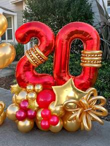 48件套金色和红色生日气球支架套装，包含32英寸红色数字气球、红色和金色乳胶气球、金色星星气球、大号数字气球，适用于生日派对、毕业典礼、周年纪念、派对装饰。 - 多色 - 查看 1