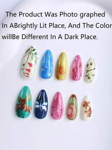 24 piezas Diseño de arte de uñas de almendra de verano que incorpora elementos de estilo de arte bohemio y graffiti como flores, libélulas y el sol. Uñas postizas acrílicas que crean un aspecto de arte de uñas único y artístico, adecuado para mujeres y mujeres jóvenes para diversas ocasiones como la vida diaria, citas y fiestas. - Multicolor - Ver 3
