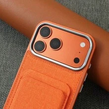 Ốp điện thoại vải canvas đơn giản, thời trang, có ngăn đựng thẻ, nút bấm và khung kim loại, bảo vệ toàn thân chống sốc, tương thích với iPhone 17 Pro và 17 Pro. - trái cam - Xem 4