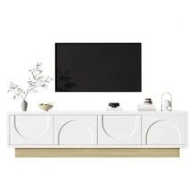 Modern TV Cabinet With Wood Grain Finish – 175 Cm – Minimalist Curved Design – Ample Storage Space & Cable Management - White - View 1