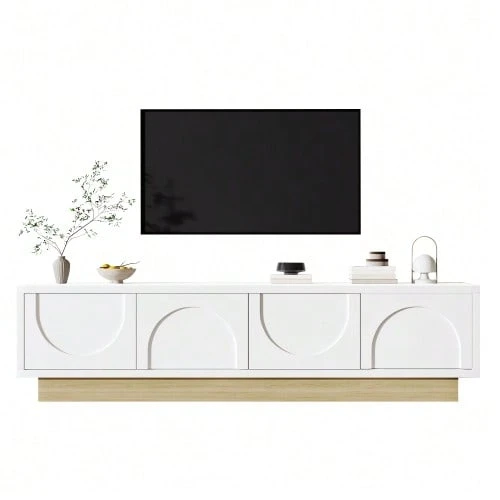 Modern TV Cabinet With Wood Grain Finish – 175 Cm – Minimalist Curved Design – Ample Storage Space & Cable Management - White - View 1