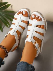 Women's Wedge Thick Bottom Roman Style Beach Casual Vacation Outdoor Beach Summer Spring Outfit Recommendation, Small Platform With Buckle Design - White - View 4