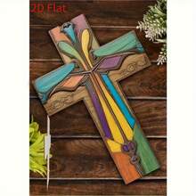 2D Printed Vibrant Handmade Wooden Cross | Exquisite Design And Stunning Details | Suitable For Bedroom, Living Room And Church Decor | Multipurpose Design For Indoor And Outdoor Use, Suitable For Holidays And Daily Display | Ideal For Christmas, Halloween, Easter, Thanksgiving And Church Wall Decor | 11 Pieces Of Wooden Crafts Specially Made For Festivals, 2D Design - Multicolor - View 3
