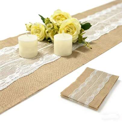 1pc Natural Jute Coarse Burlap Table Runner/Flag With White Lace, Rustic Table Cloth For Decoration, Birthday Party, Hotel, Farmhouse