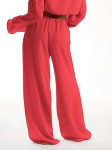 Pantalones de playa con efecto de lino con nudo delantero, elegantes para vacaciones de verano, casuales y bohemios, blancos, para aeropuerto y playa, para primavera y vacaciones - Rojo 2 - Ver 2