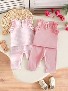 Set de 2 piezas Conjunto de ropa de verano para uso diario de bebé niña recién nacida con diseño minimalista a rayas - Rosa - Ver 2