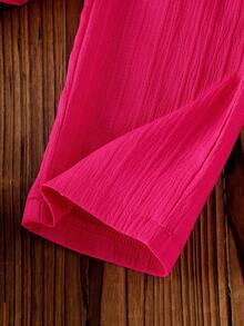 2pcs/Set Baby Girl Summer Lightweight Elegant Fuchsia Striped Sleeveless Ruffle Shoulder Vest Top & Elastic Waist Straight Pants Outfit - Hot Pink - View 9