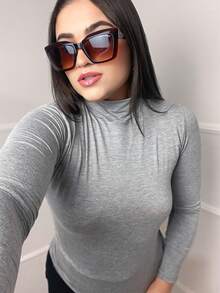 Women's Turtleneck Blouse With Long Sleeves And High Neck, Second-Skin Style, Basic Design. - Gris - Ver 2