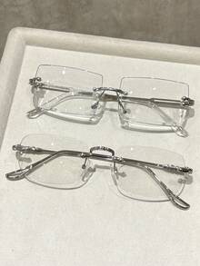 1 Pair Men's Small Frameless Rectangular Glasses, Modern Minimalist Style, Elegant Popular Design, Clear Lenses, Suitable For Daily Life, Street, Office, Reading, TV Watching, Gaming, Phone Calls, Business Casual And Other Occasions, Fashionable Accessory. - Clear - View 13