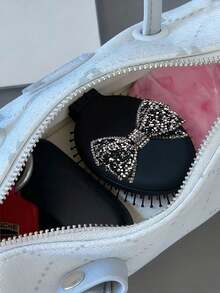 1 Mini Comb With Mirror, Dragon Fruit Color, Printed With Rhinestone Bow; Shining Accessories; Portable Travel Folding Comb, Women's Pocket Comb, Folding Airbag Comb, 2-In-1 Massage Comb - Multicolor - View 2