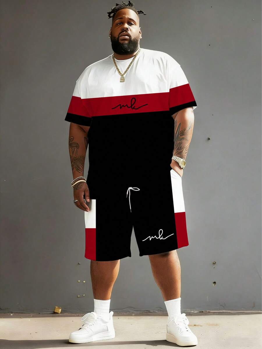 Men's Minimalist Letter & Color Block Pattern Sports Set - Polyester Knit Fabric, Round Neck Design, Drawstring Shorts, Pocket Details, Regular Fit, Suitable For Plus Size - Red - View 1