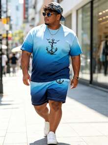 1. Ombre Blue Plus Size Loose T-Shirt Set: Contrast Print Plus Size Short Sleeve Tee And Shorts, Minimalist Logo Print Summer Vacation Casual 2-Piece Set, Suitable For Daily Wear And Workout, Lightweight And Breathable For Tall And Men In Summer - Multicolor - View 5