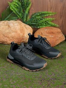 1 Pair Contrast Color Sports Fabric Lace-Up Buckle Men's Hiking Shoes, Outdoor Sports Shoes For All Seasons - Dark Grey - View 2