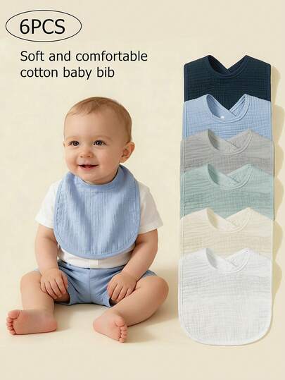 6pcs Baby Bibs, 100% Soft Cotton Muslin Material, Drool Bibs With Adjustable Snap Closure, Essential For Newborns, Boys And Girls