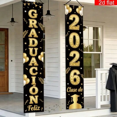 1 Par de Letreros para Puerta de Entrada y Porche con Tema de Graduación Feliz Clase de 2026, Diseño con Silueta de Graduado y Patrón de Banderines, de Poliéster, Adecuado para Fiesta de Graduación, Decoración de Jardín y Campus