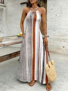 Women's Vintage Striped Sleeveless Halter Dress, Bohemian Style With Convenient Pockets Summer Elegant Brown - Brown - View 2