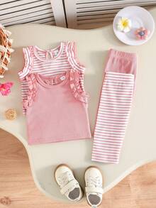 Set de 2 piezas Conjunto de ropa de verano para uso diario de bebé niña recién nacida con diseño minimalista a rayas - Rosa - Ver 3