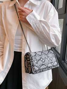 1pc Snake Skin Magnetic Closure Square Shoulder/Crossbody Bag With Chain Strap, Embroidered Solid Color Chain Strap Women's Handbag With Fish Bone Embroidery, Suitable For Work And Dates - Khaki - View 5