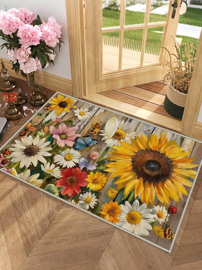 1pc Floral Pattern Doormat, Colorful Outdoor Non-Slip Carpet, Indoor Rug, Farmhouse Style Washable Polyester, Suitable For Living Room, Kitchen, Bedroom, Indoor/Outdoor Entrance, Foyer, Home Decor, Room Decor, All Season