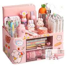 1pc Desk Storage Box With Drawer - Stationery Organizer Box, Plastic Pen And Accessory Storage Box, Multi-Compartment Office Supply Organizer, Pen Holder, Cute Desk Organizer Suitable For Children, Girls, Elementary Students, Multi-Functional Large Capacity Pencil Case - Pink - View 8