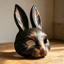 3D 软打印皮革面具，兔子面具，适用于万圣节、狂欢节、复活节、音乐节、化装舞会 - 黑色 - 查看 5