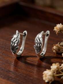 1 par de pendientes de aro unisex elegantes y minimalistas de plata de ley 925 con textura de pluma, personalizados y de moda - pluma - Ver 3