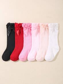 6 pares de calcetines de rodilla de unicolor con lazo a rayas para bebé - Multicolor - Ver 4