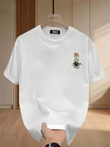 Camiseta de manga corta estampada de marca de moda para hombres en verano, de algodón puro pesado, estilo coreano, estilo japonés, tops versátiles estampados para hombres - Negro - Ver 4